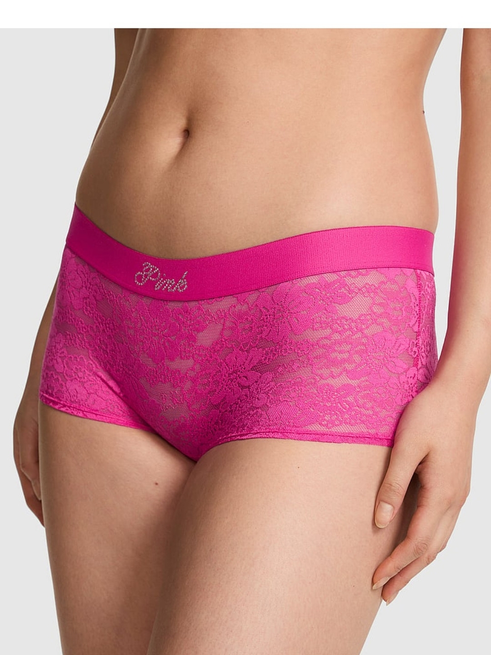 PINK Victoria's Secret Hot Pink Lace Boyshort Panty with Logo Waistband 🆕